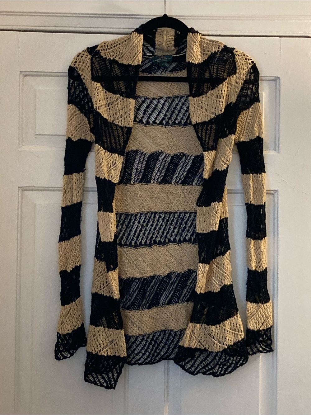 LRL Lauren Jeans Co. Black & Cream Striped Open Cardigan, Size XS